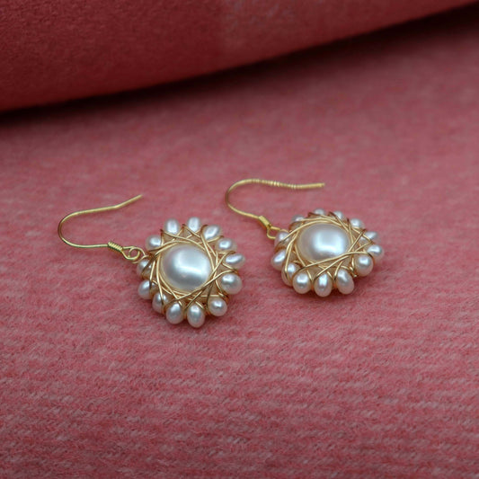 Genuine pearl sunflower drop earrings